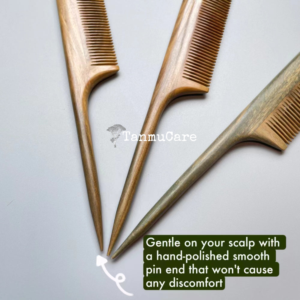 TanmuCare Green Sandalwood Rat -Tail Fine Tooth Wooden Pintail Styling Comb