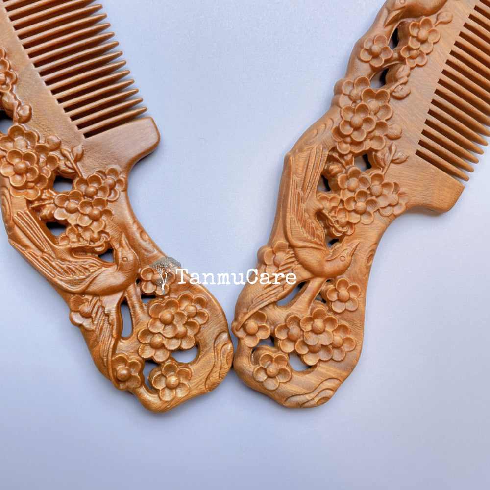 TanmuCare Hand-carved Green Sandalwood Comb -Magpie Pattern