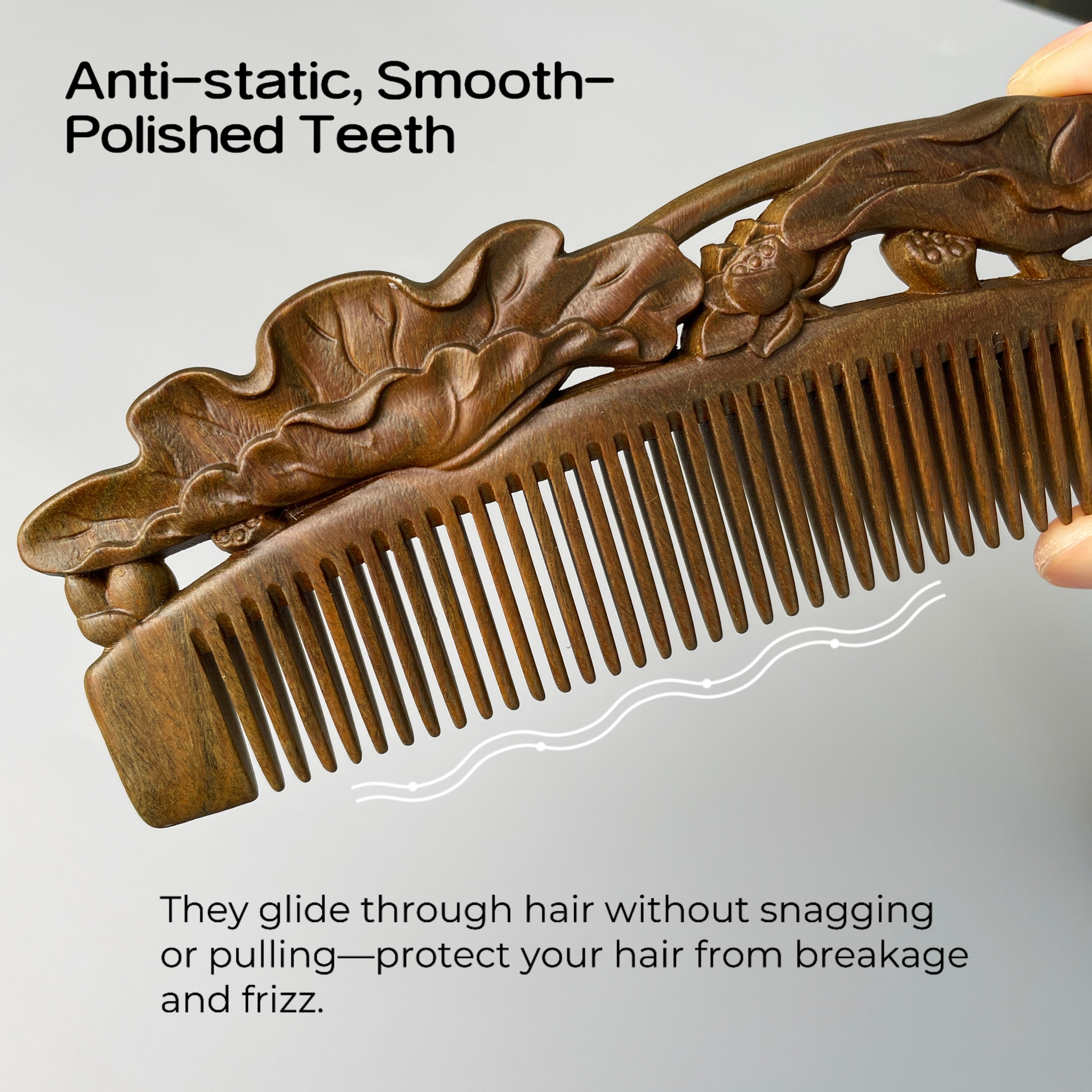 tanmucare Green Sandalwood Hair Comb with Hand-Carved Lotus Pattern teeth