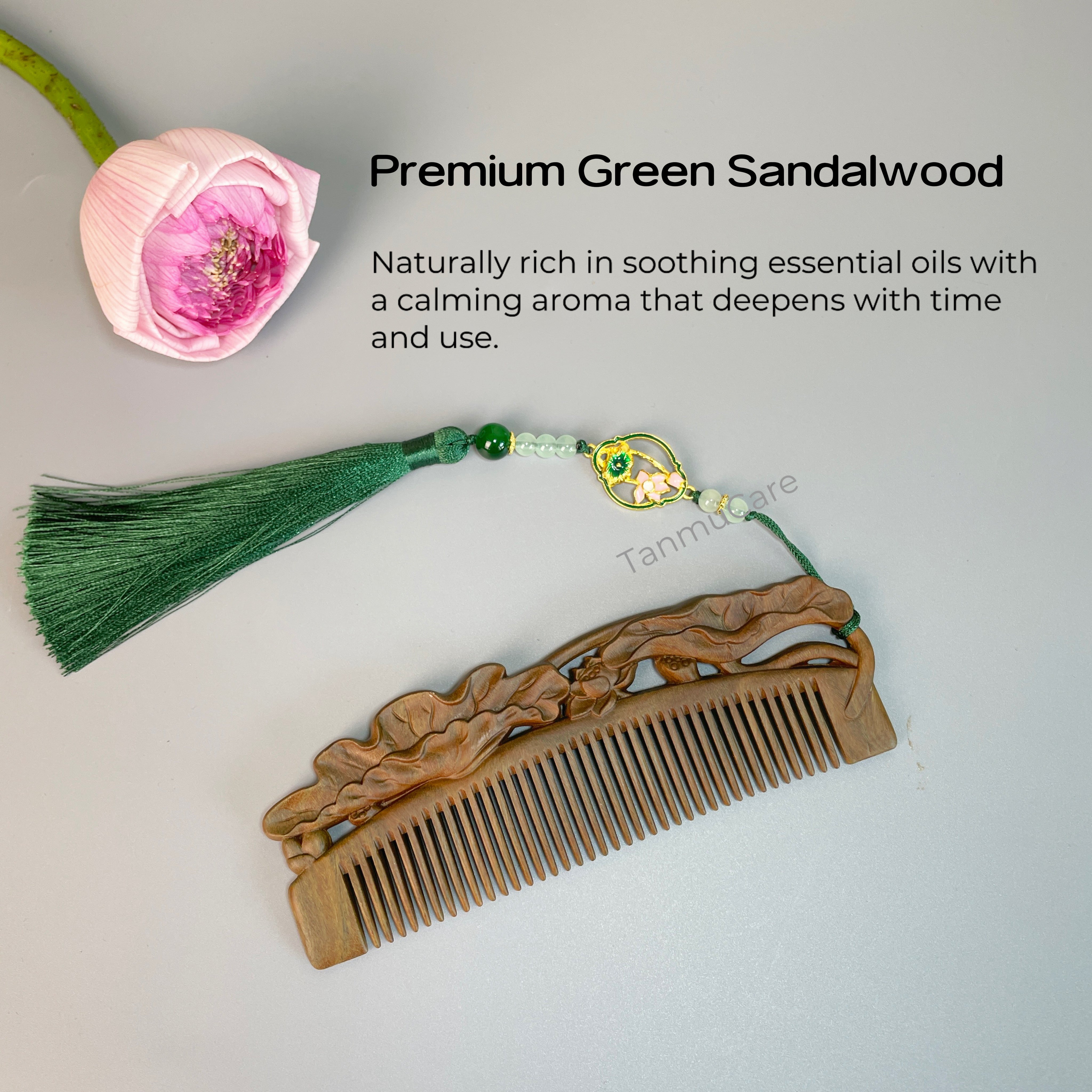 tanmucare Green Sandalwood Hair Comb with Hand-Carved Lotus Pattern material