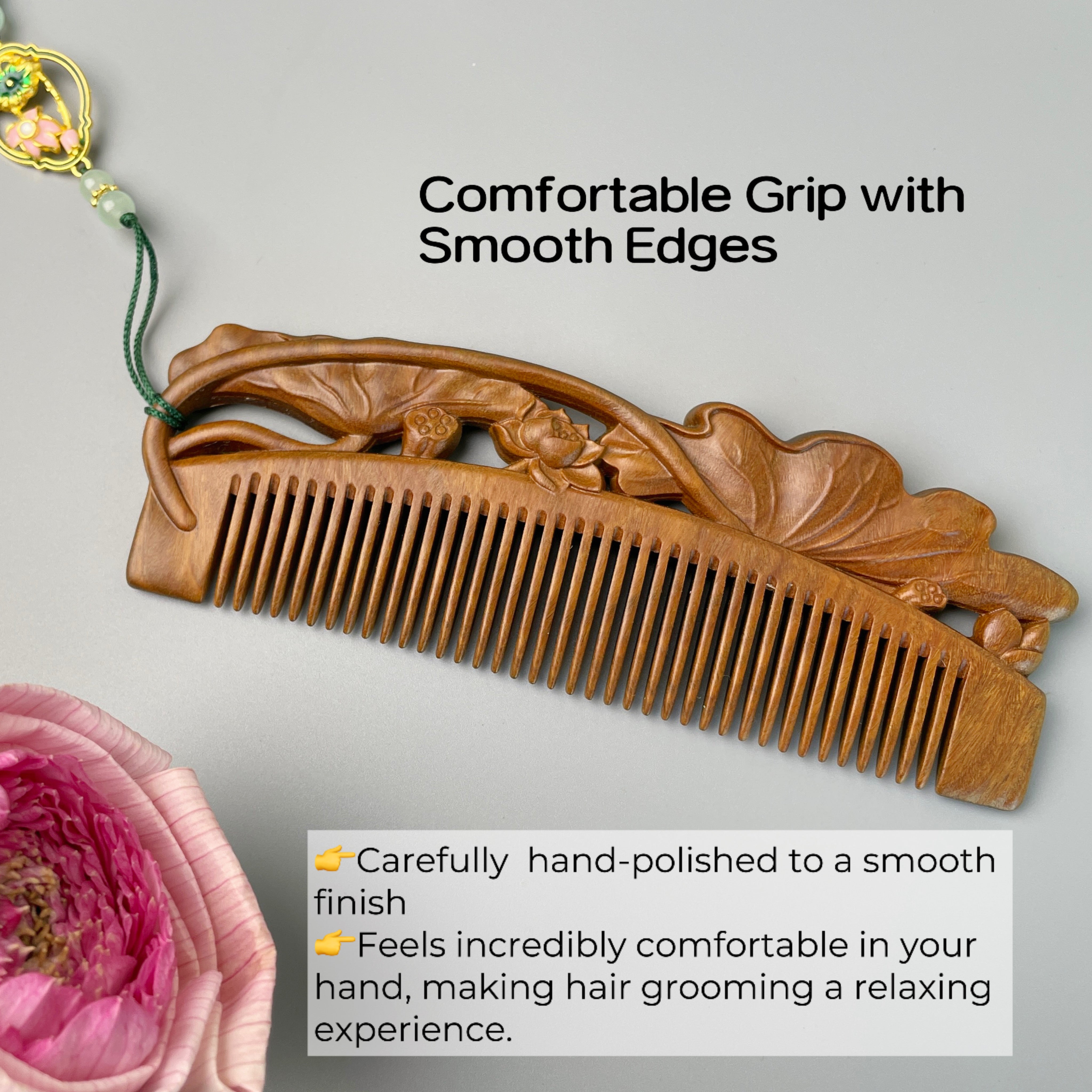 tanmucare Green Sandalwood Hair Comb with Hand-Carved Lotus Pattern grip