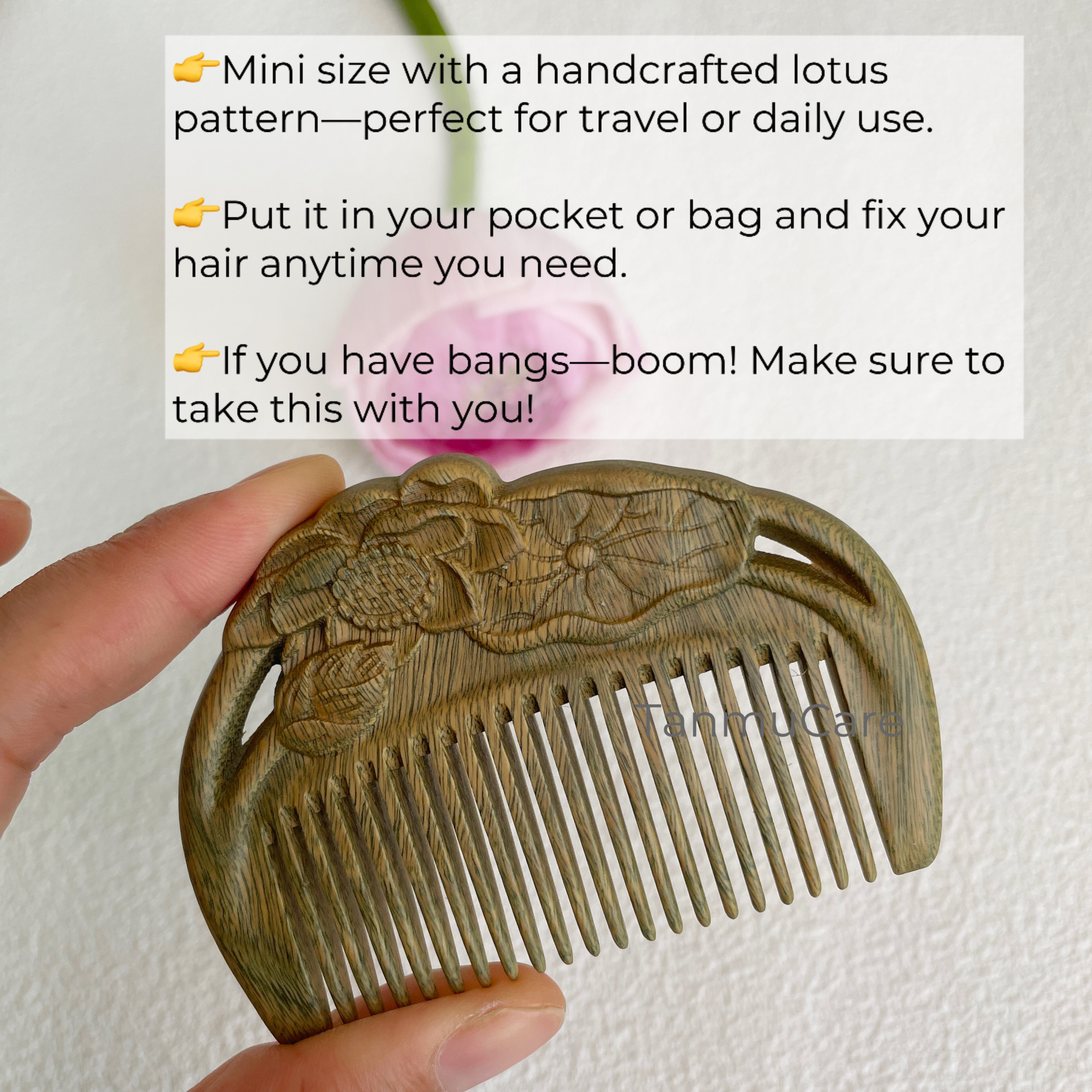 tanmucare Green Sandalwood Hair Comb with Hand-Carved Lotus Pattern small size