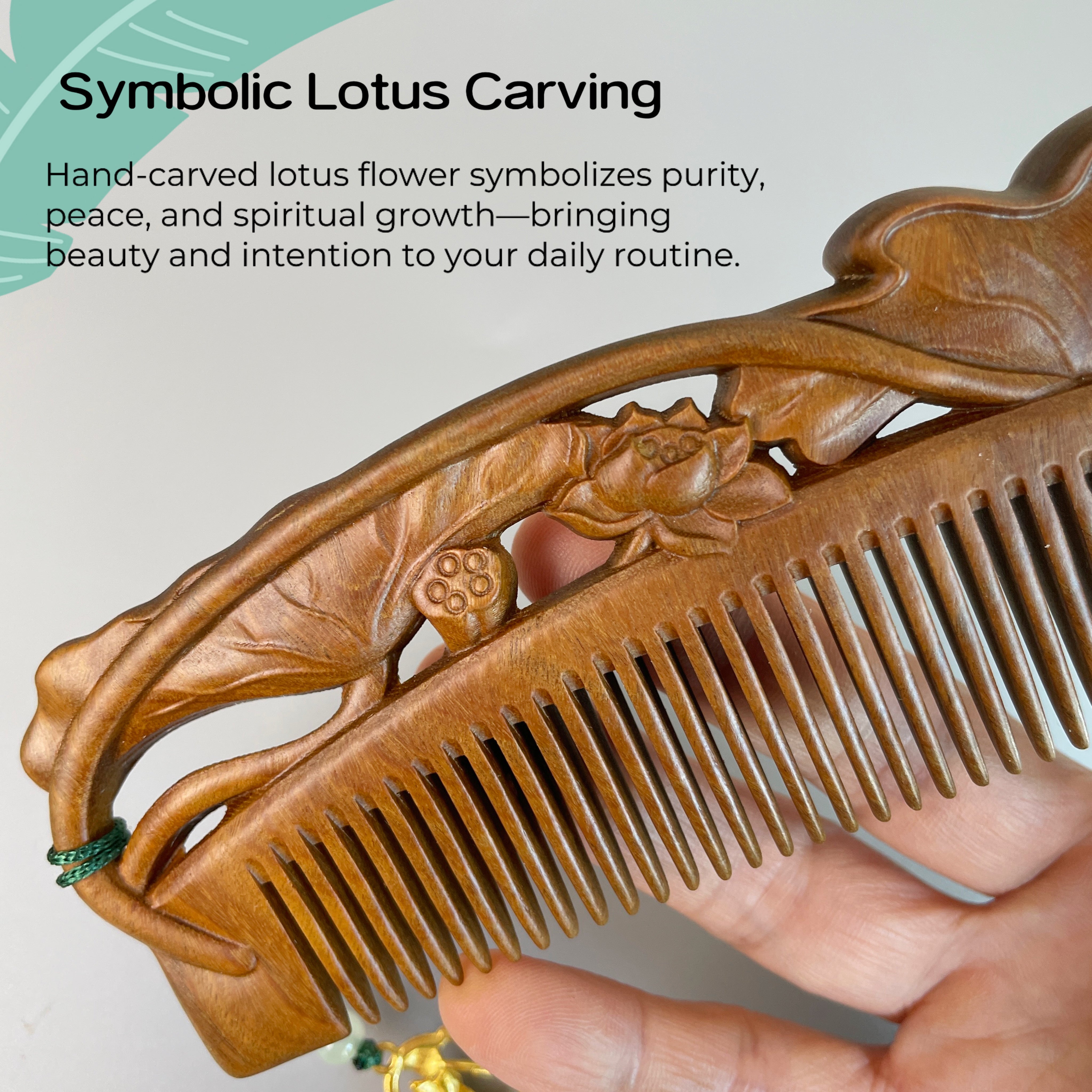 tanmucare Green Sandalwood Hair Comb with Hand-Carved Lotus Pattern lotus