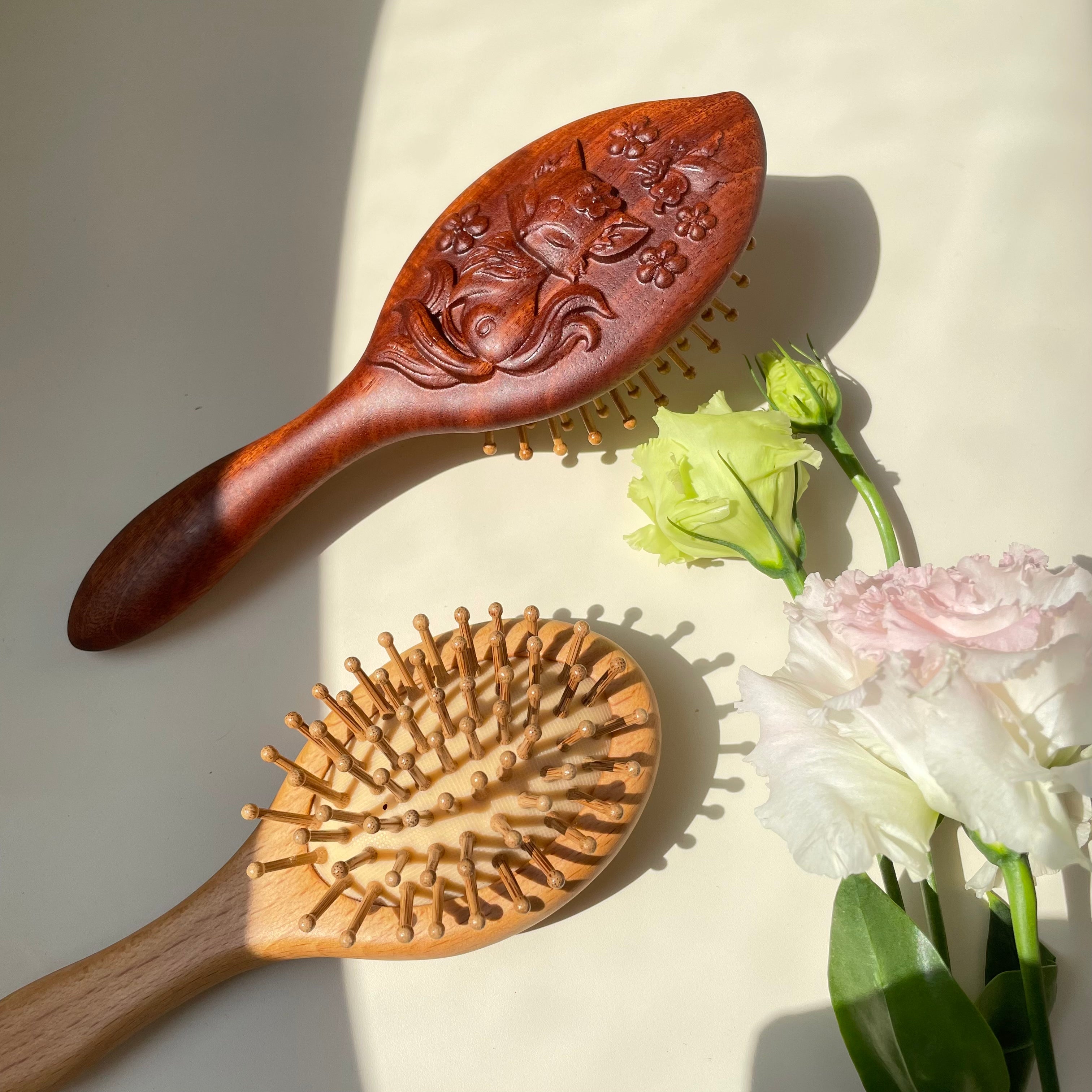 TanmuCare Hand-Carved Wooden Baby Hairbrush (With Handle) | Gentle Bamboo Bristles for Newborns & Toddlers fox 2