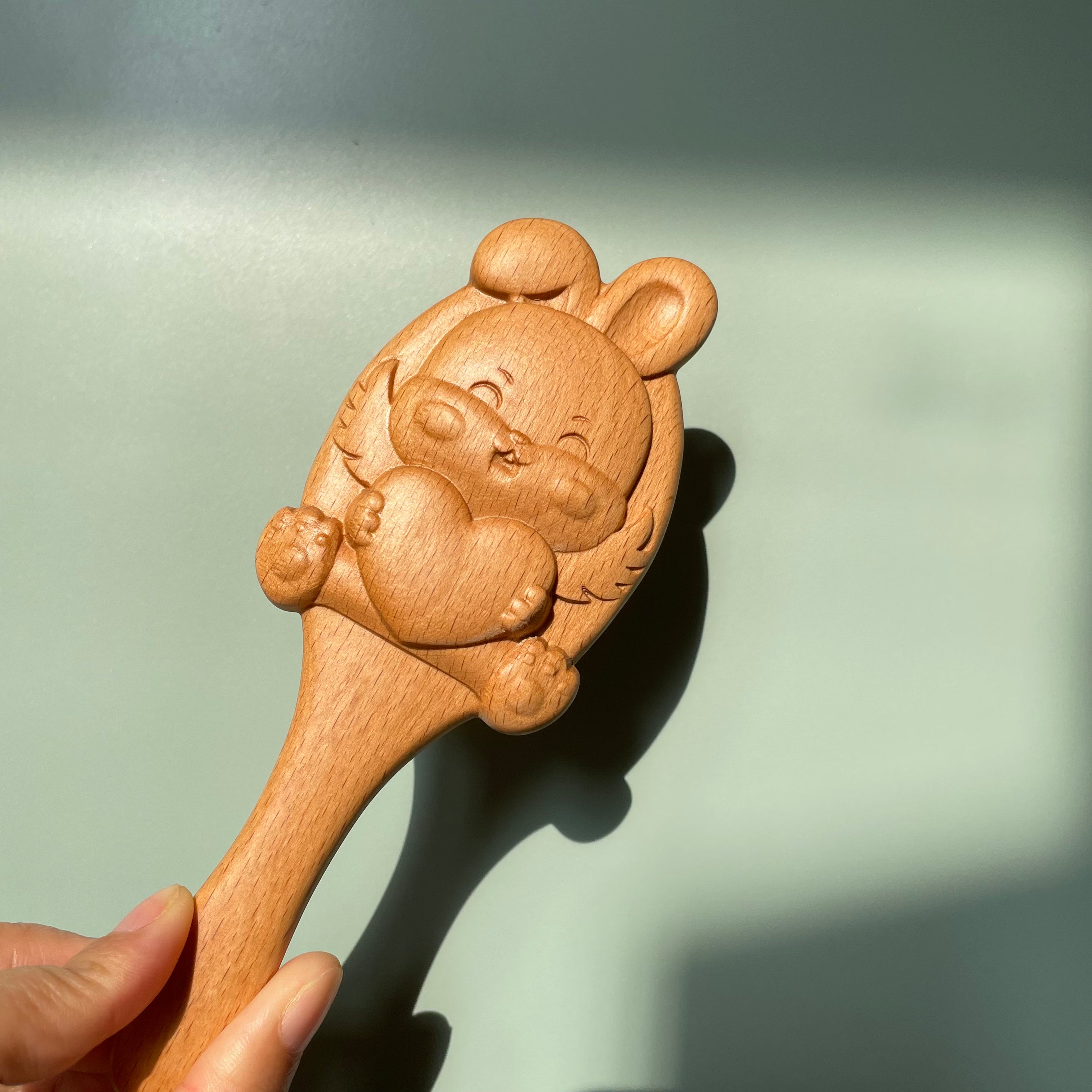TanmuCare Hand-Carved Wooden Baby Hairbrush (With Handle) | Gentle Bamboo Bristles for Newborns & Toddlers bunny