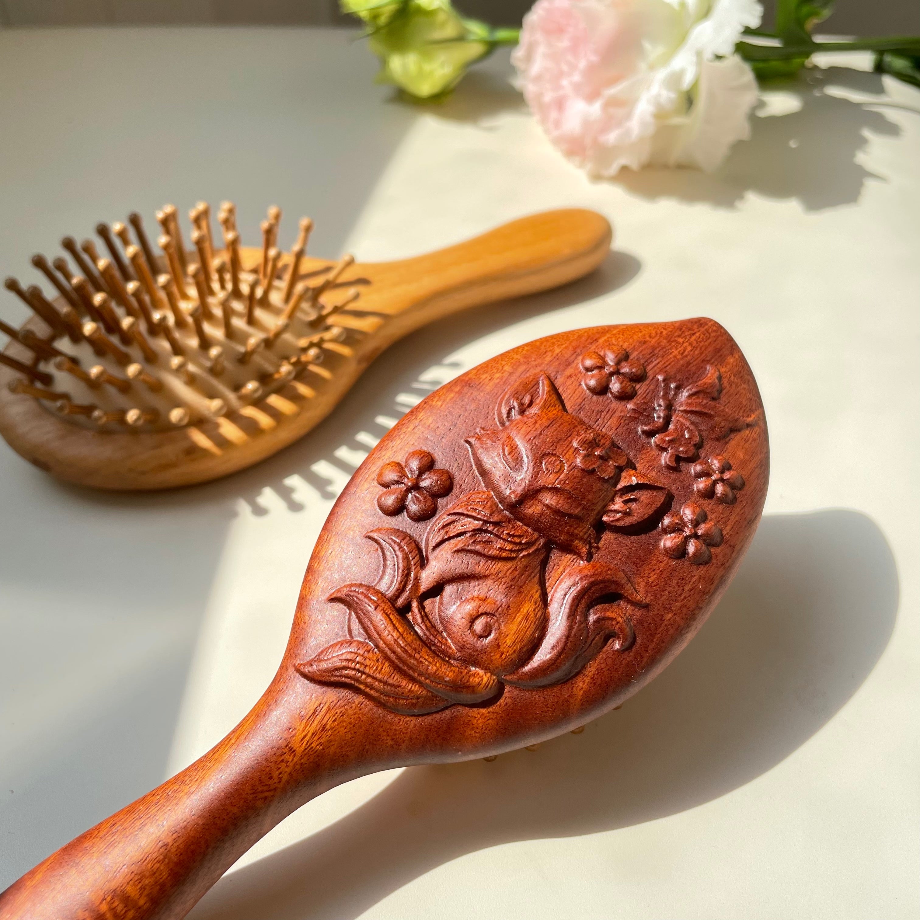 TanmuCare Hand-Carved Wooden Baby Hairbrush (With Handle) | Gentle Bamboo Bristles for Newborns & Toddlers fox
