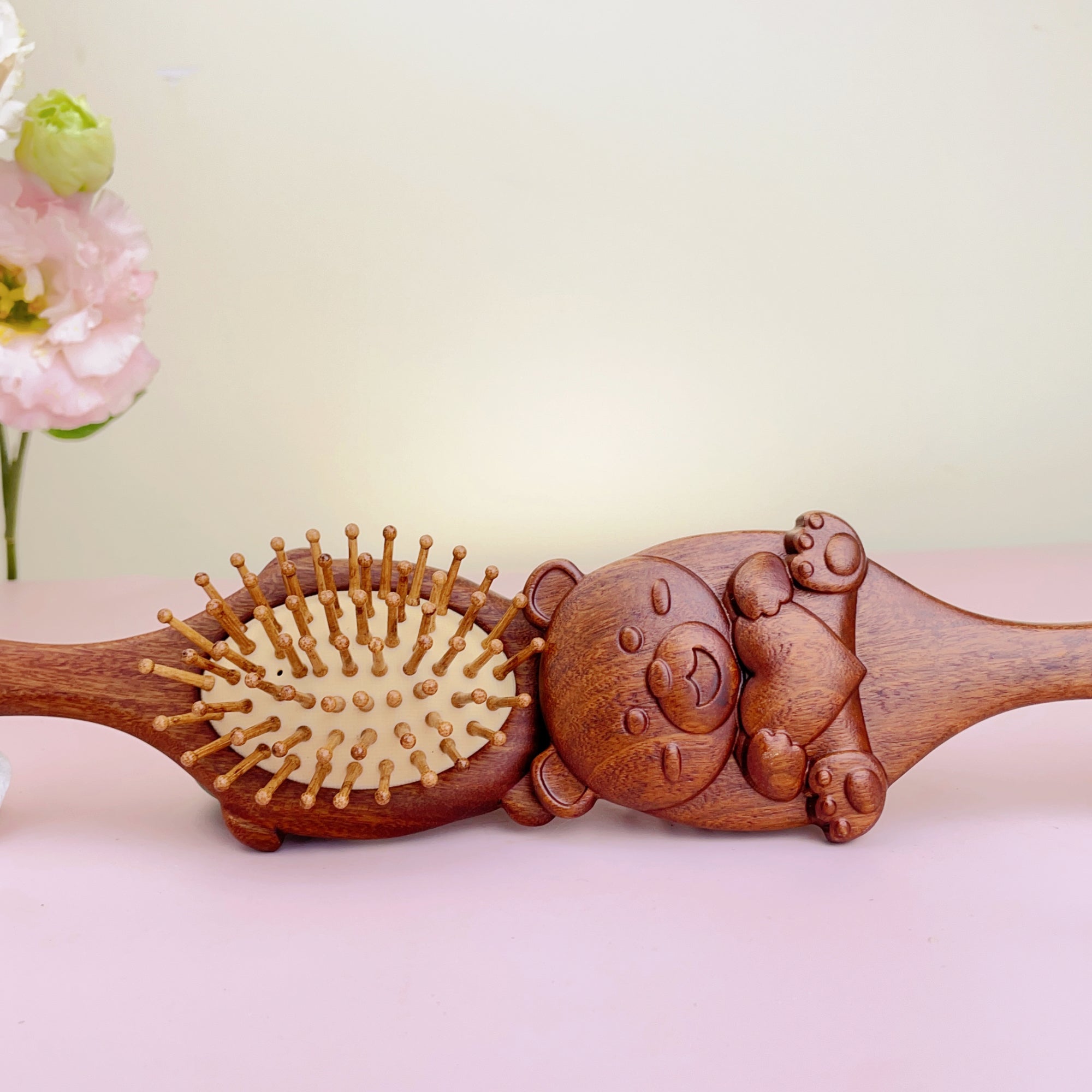 TanmuCare Hand-Carved Wooden Baby Hairbrush (With Handle) | Gentle Bamboo Bristles for Newborns & Toddlers bear 4