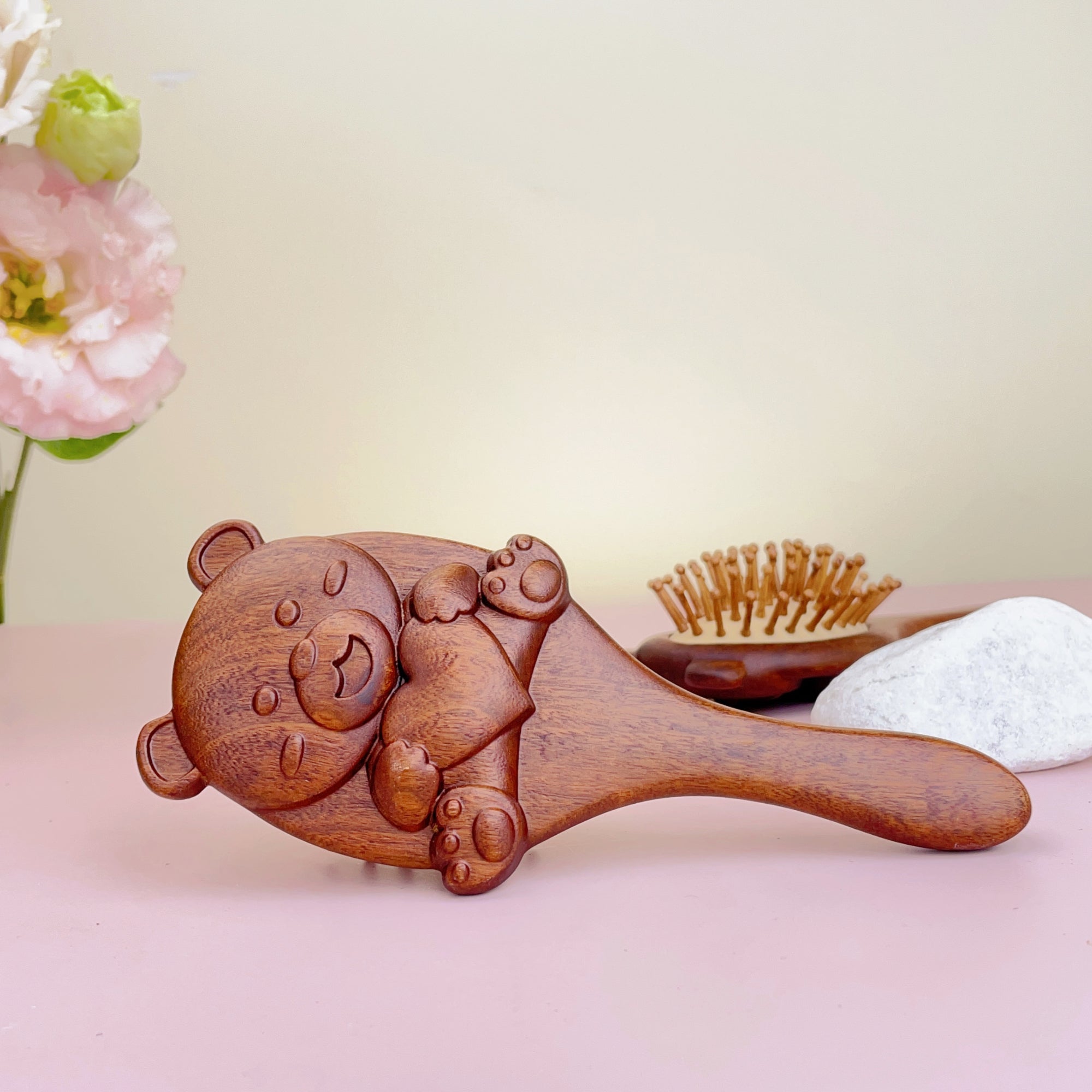 TanmuCare Hand-Carved Wooden Baby Hairbrush (With Handle) | Gentle Bamboo Bristles for Newborns & Toddlers bear 2