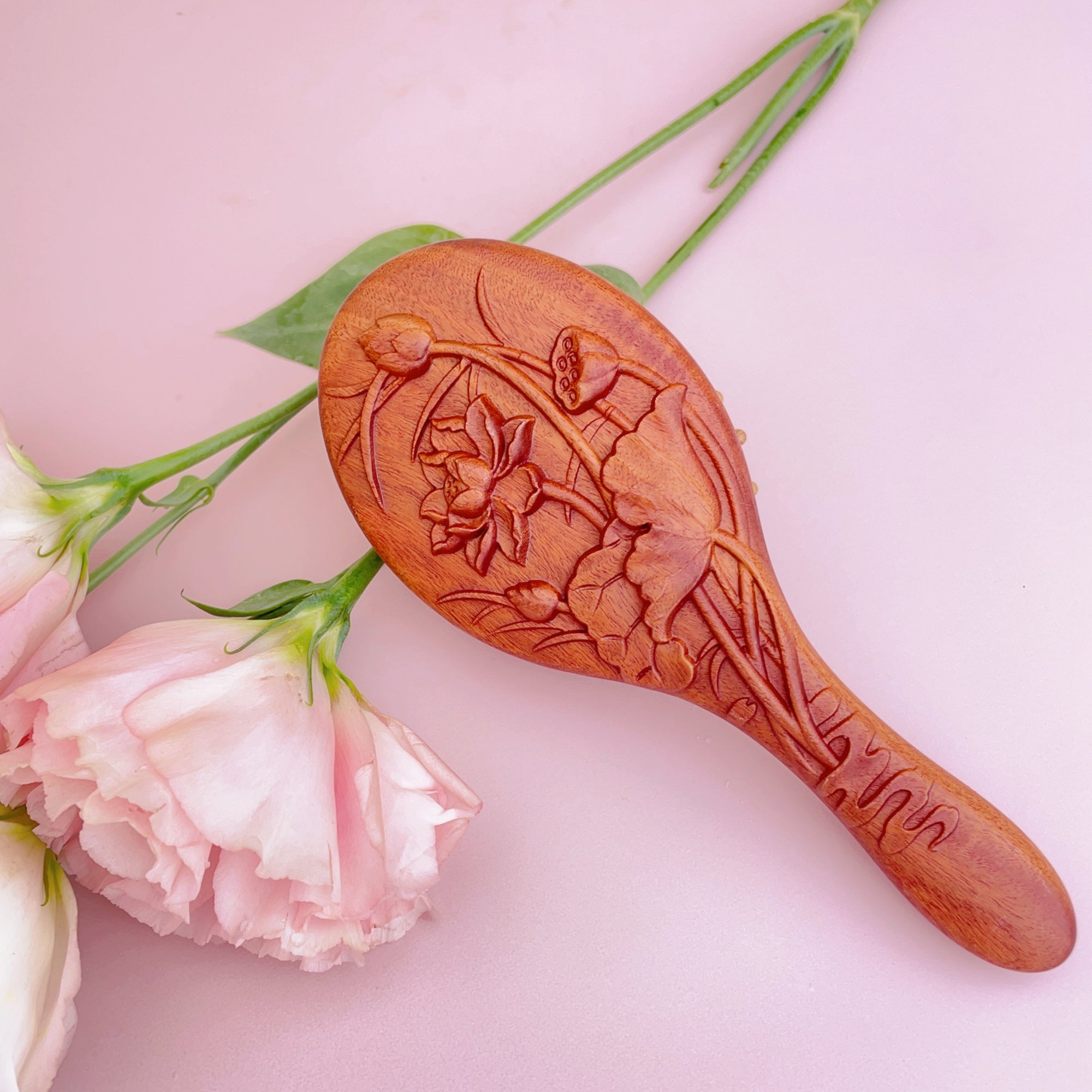 TanmuCare Hand-Carved Wooden Baby Hairbrush (With Handle) | Gentle Bamboo Bristles for Newborns & Toddlers lotus