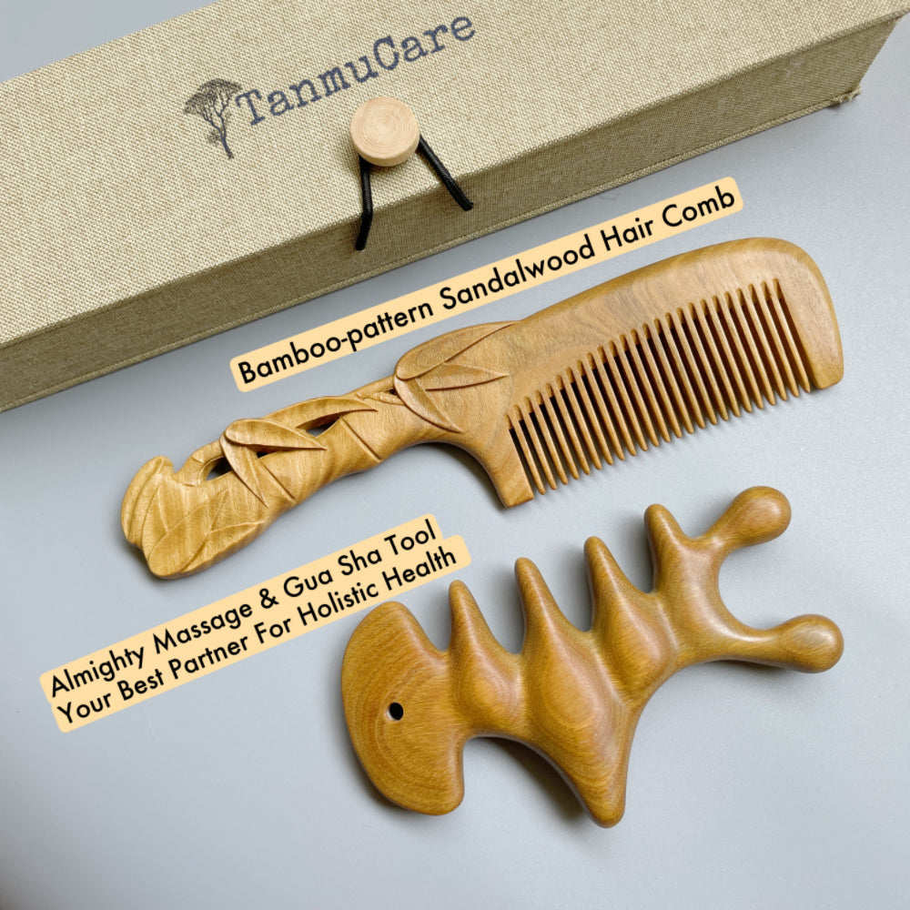 TanmuCare Hand-carved Green Sandalwood Comb- Bamboo Pattern with vintage package style almighty massage and gua sha tool set 2