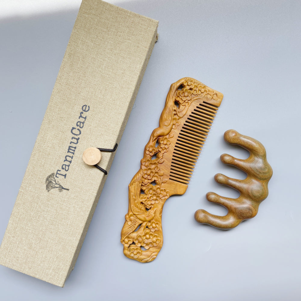 TanmuCare Hand-carved Green Sandalwood Comb -Magpie Pattern hair comb with vintage style package and scalp massage and gua sha tool set 2