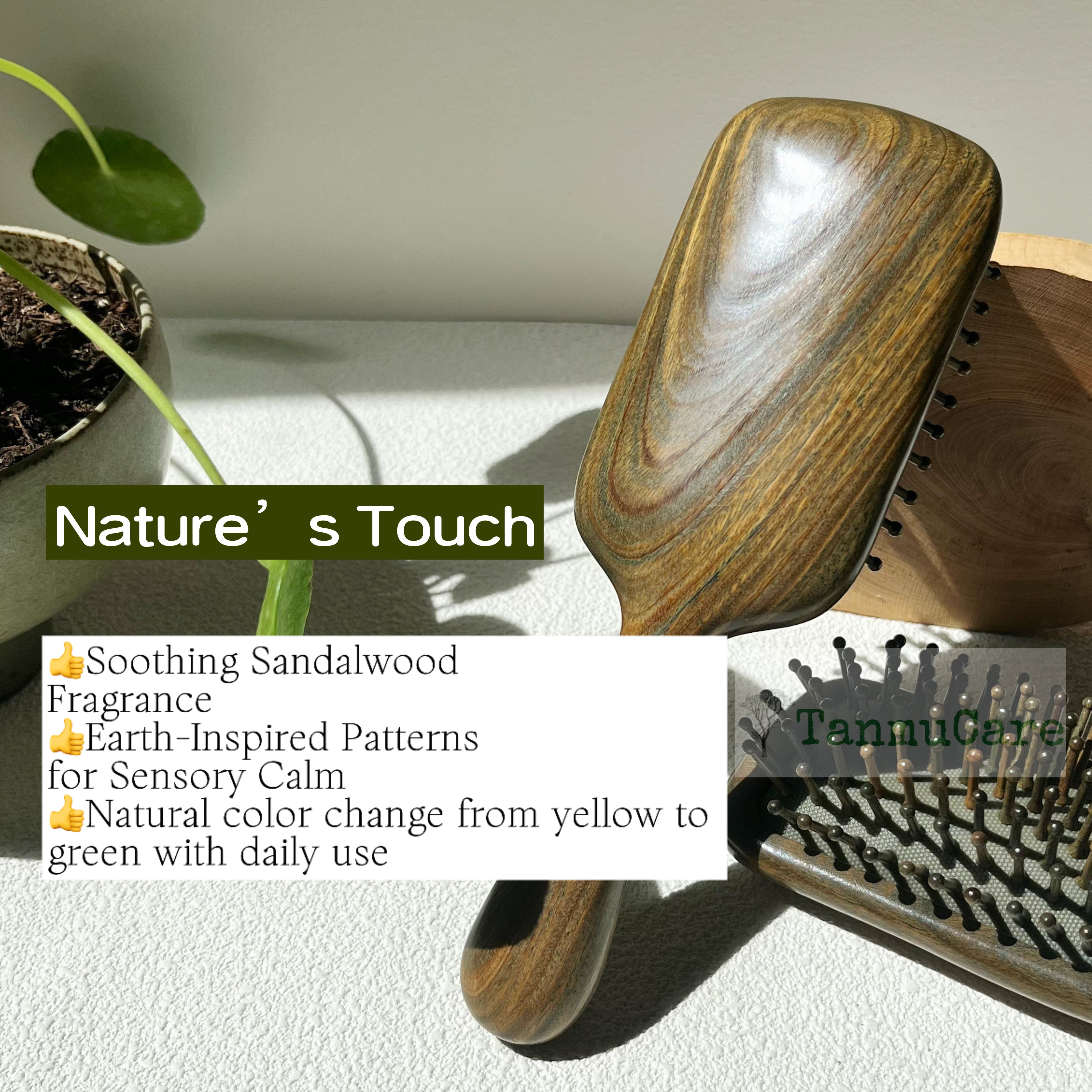 TanmuCare Rectangular Sandalwood Hairbrush – Gentle Detangling & Travel-Friendly