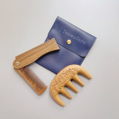 TanmuCare Sandalwood Man Self-care Duo: Folding Hair/Beard Comb & + Beast-pattern Scalp Massage Comb