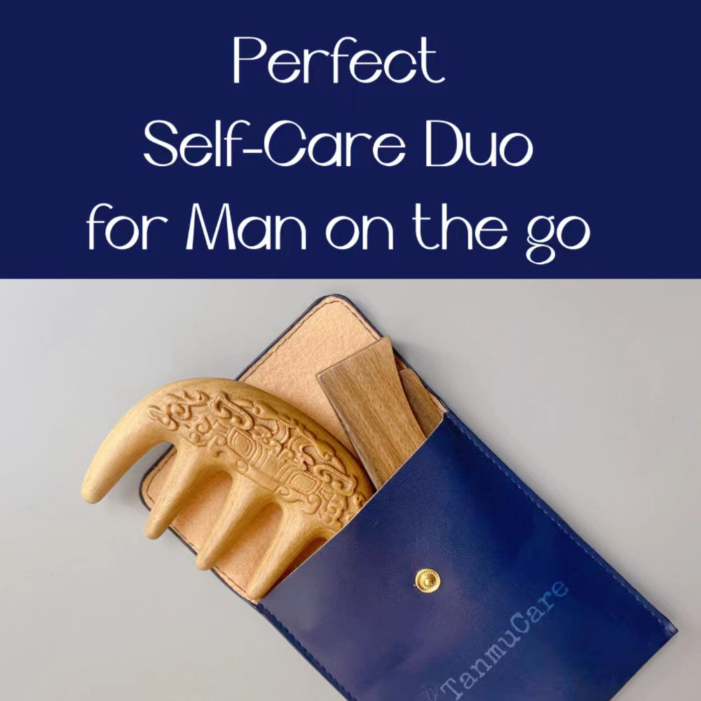 TanmuCare Sandalwood Man Self-care Duo: Folding Hair/Beard Comb & + Beast-pattern Scalp Massage Comb