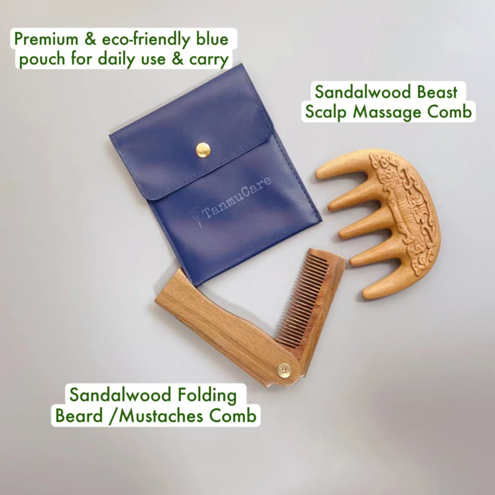 TanmuCare Sandalwood Man Self-care Duo: Folding Hair/Beard Comb & + Beast-pattern Scalp Massage Comb