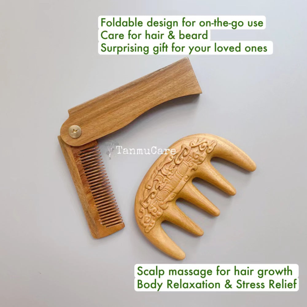 TanmuCare Sandalwood Man Self-care Duo: Folding Hair/Beard Comb & + Beast-pattern Scalp Massage Comb