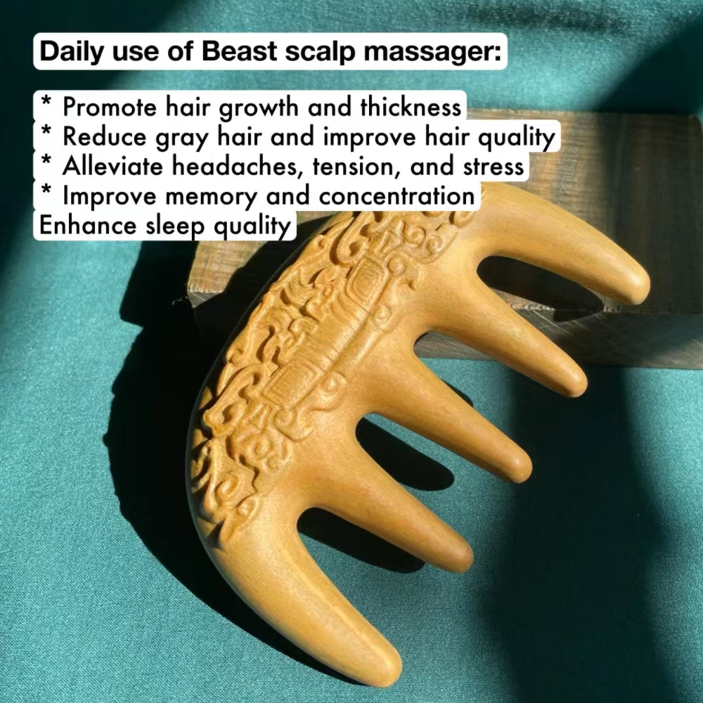 TanmuCare Sandalwood Man Self-care Duo: Folding Hair/Beard Comb & + Beast-pattern Scalp Massage Comb