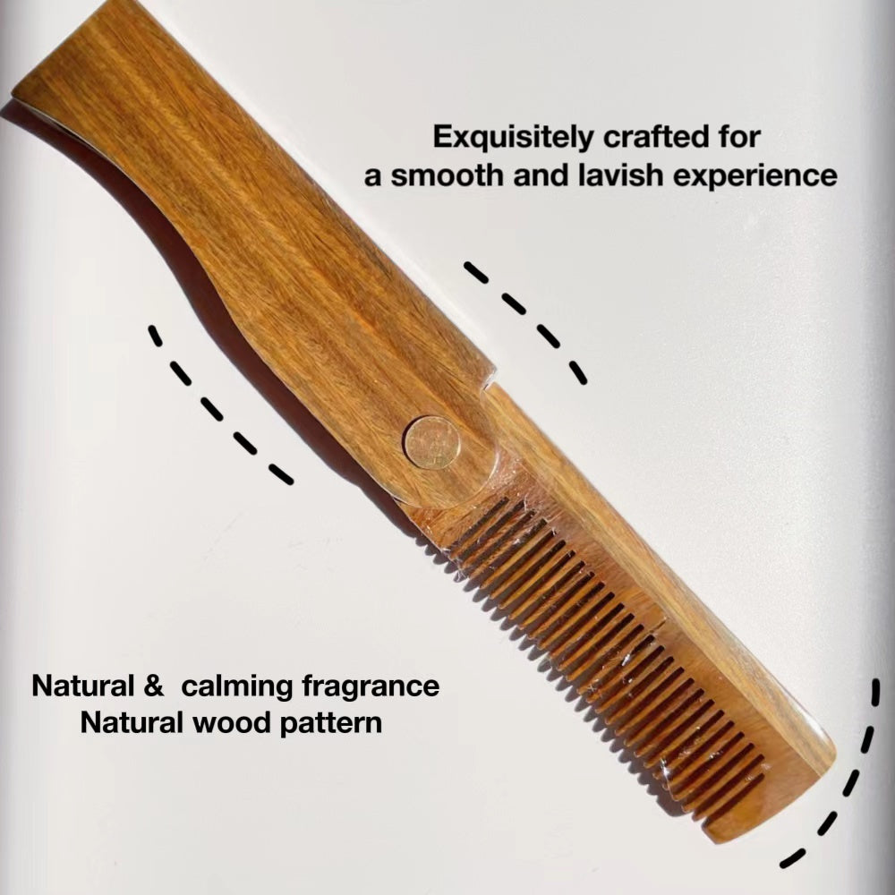 TanmuCare Sandalwood Man Self-care Duo: Folding Hair/Beard Comb & + Beast-pattern Scalp Massage Comb