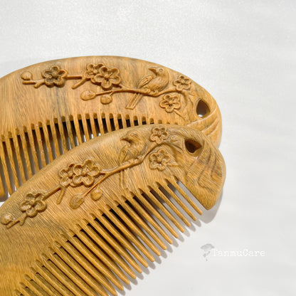 TanmuCare  Sandalwood Handcrafed Magpie Plum Blossom Hair Comb (Semicircle shape) -Thin short hair