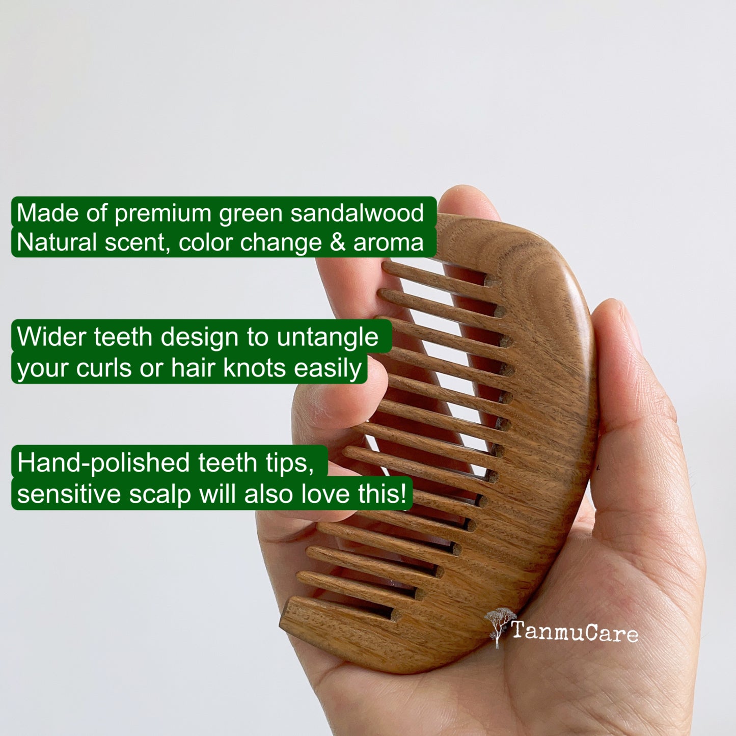  TanmuCare Wide-tooth Green Sandalwood Hair Comb (Semicircle shape）-Wavy thick short hair 