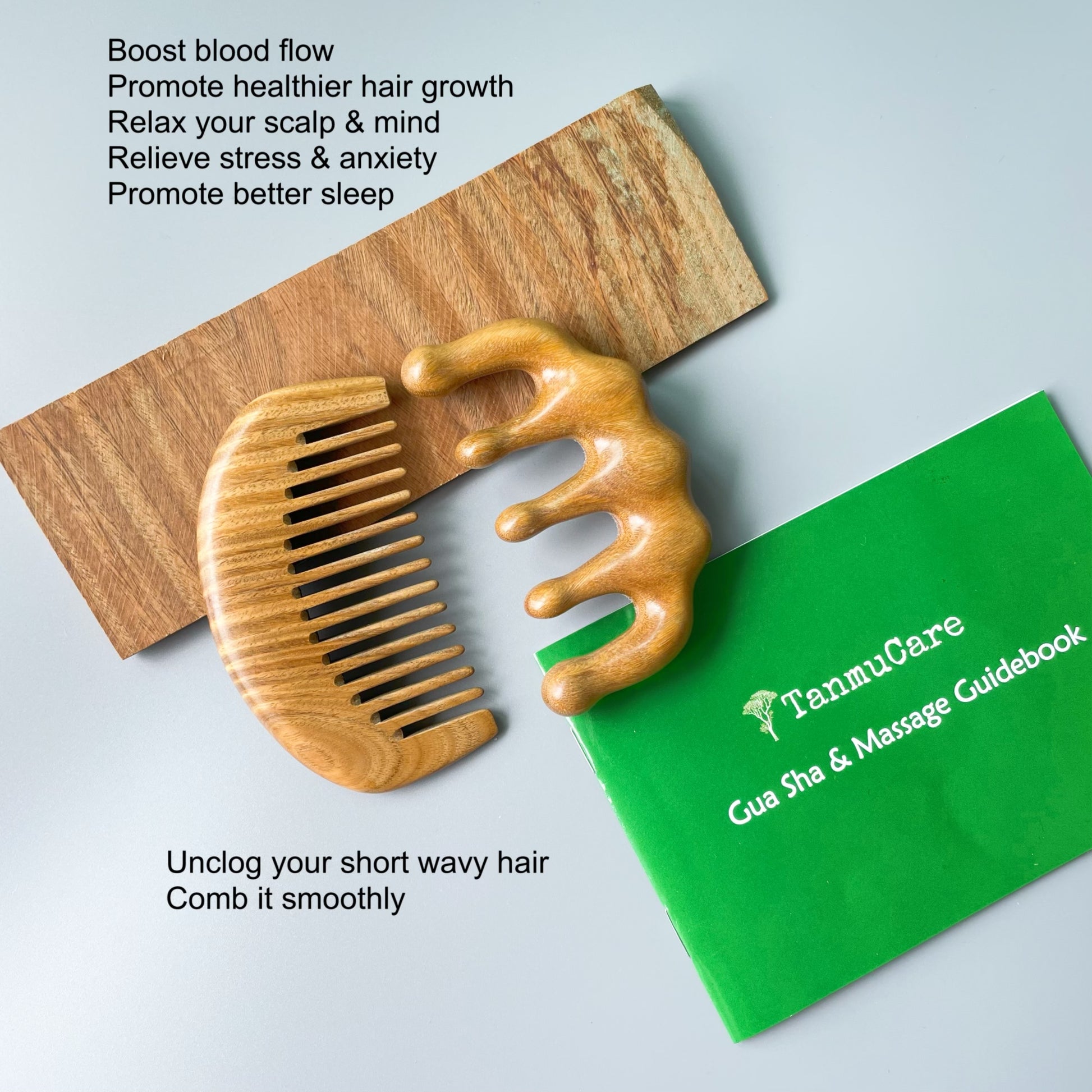  TanmuCare Wide-tooth Green Sandalwood Hair Comb (Semicircle shape）-Wavy thick short hair 