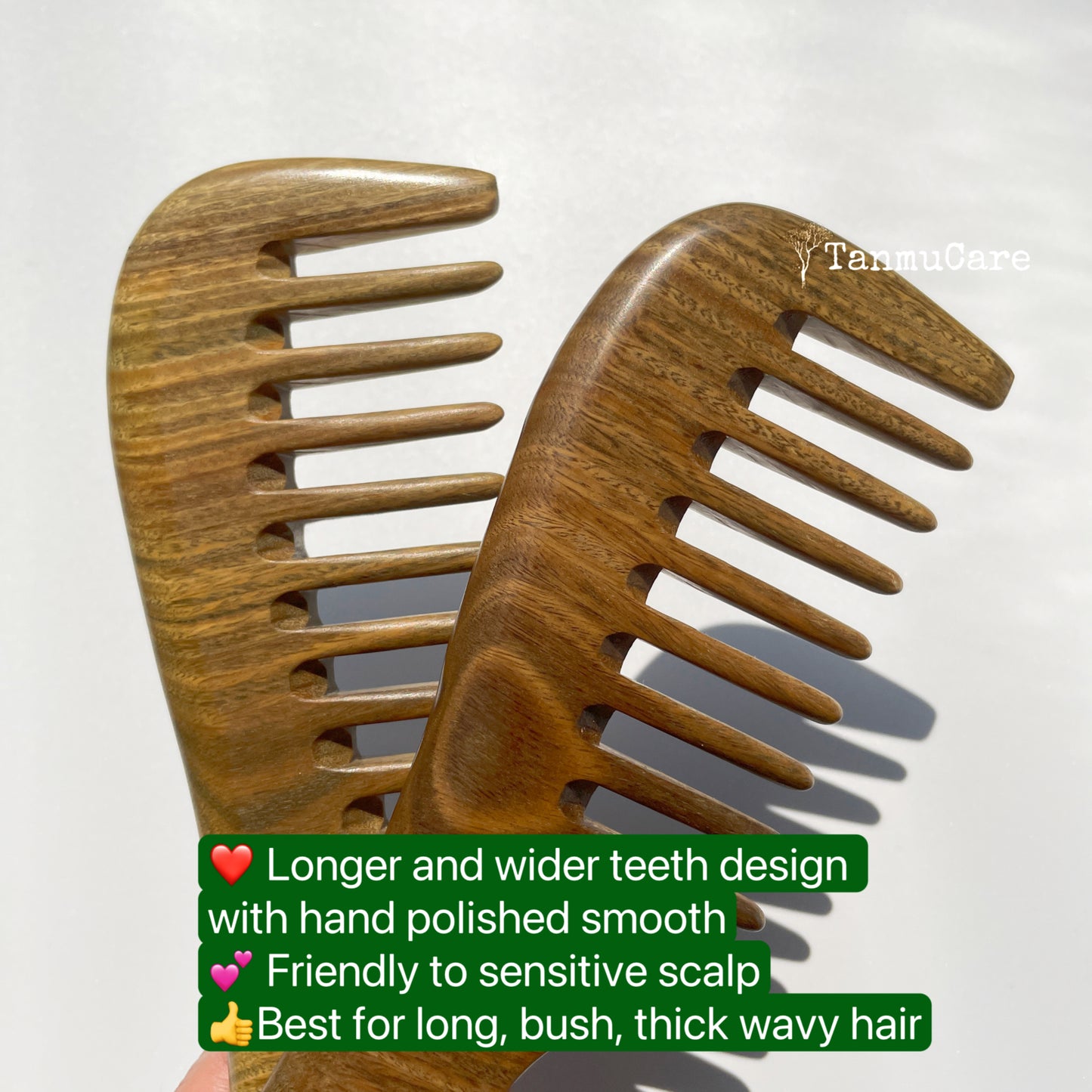 TanmuCare Wide-tooth Green Sandalwood Hair Comb (With handle) -Wavy thick long hair