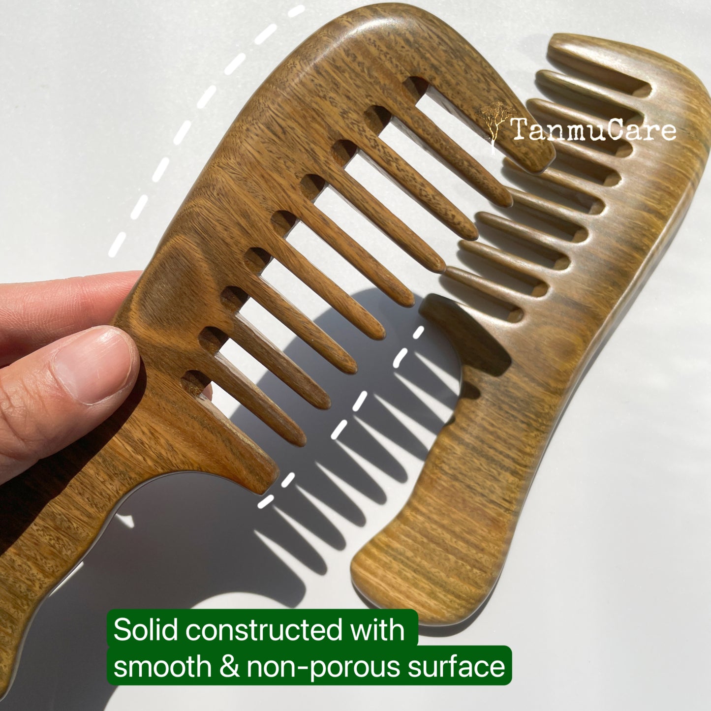 TanmuCare Wide-tooth Green Sandalwood Hair Comb (With handle) -Wavy thick long hair