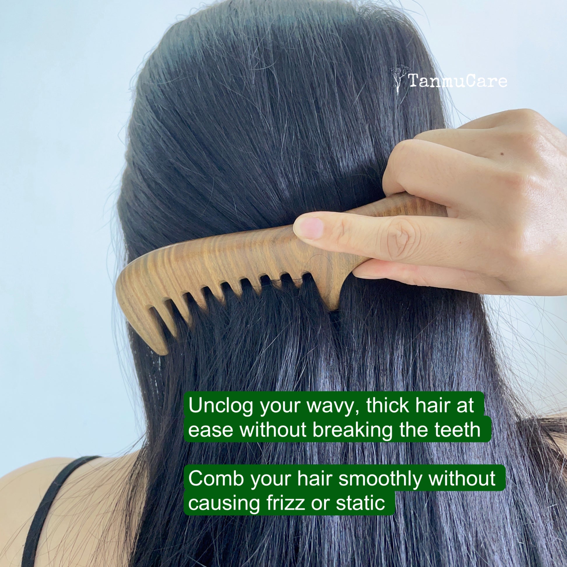 TanmuCare Wide-tooth Green Sandalwood Hair Comb (With handle) -Wavy thick long hair