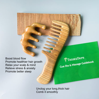 TanmuCare Wide-tooth Green Sandalwood Hair Comb (With handle) -Wavy thick long hair