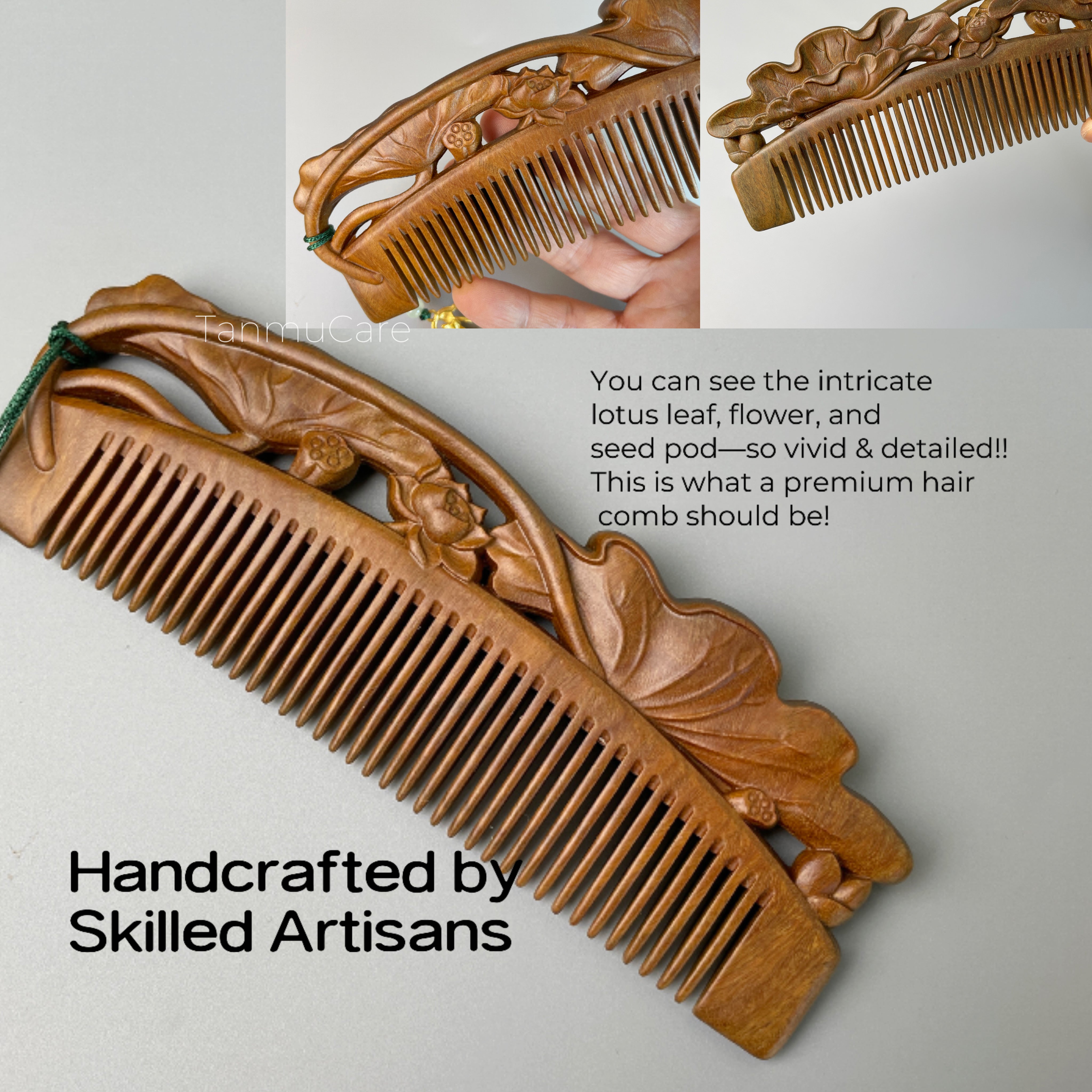 tanmucare Green Sandalwood Hair Comb with Hand-Carved Lotus Pattern craftsmanship 