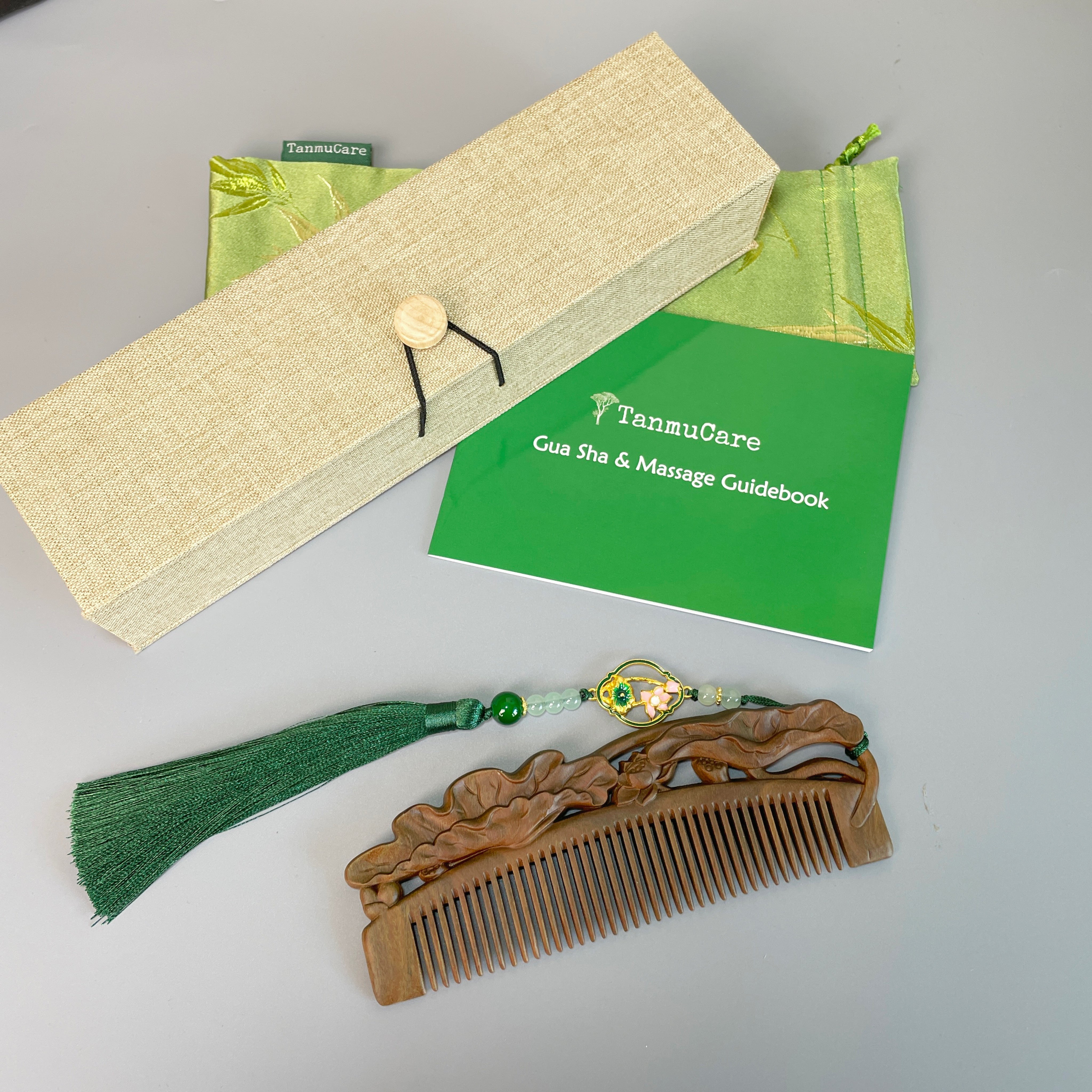 tanmucare Green Sandalwood Hair Comb with Hand-Carved Lotus Pattern package