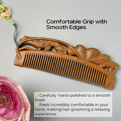 tanmucare Green Sandalwood Hair Comb with Hand-Carved Lotus Pattern grip