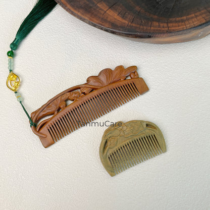 tanmucare Green Sandalwood Hair Comb with Hand-Carved Lotus Pattern small and larget size