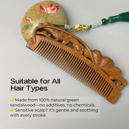tanmucare Green Sandalwood Hair Comb with Hand-Carved Lotus Pattern all types