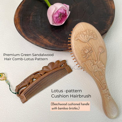 tanmucare Green Sandalwood Hair Comb with Hand-Carved Lotus Pattern hair brush and comb
