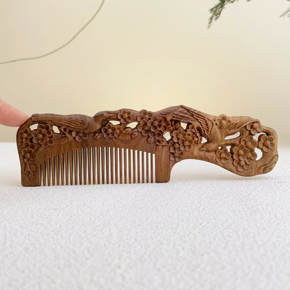 TanmuCare Hand-carved Green Sandalwood Comb -Magpie Pattern