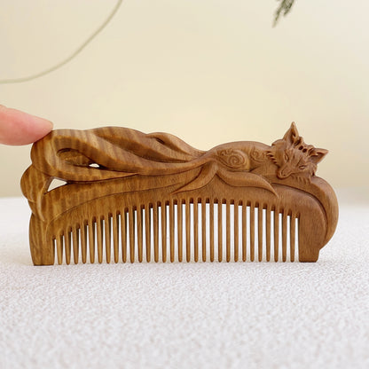 TanmuCare Hand-carved Green Sandalwood Comb - Fairy Fox Pattern