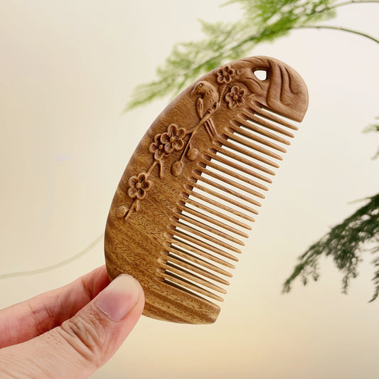 TanmuCare Sandalwood Handcrafed Magpie Plum Blossom Hair Comb (Semicircle shape) -Thin short hair