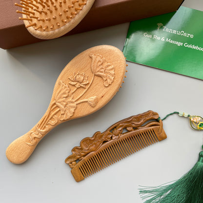 Green Sandalwood Hair Comb with Hand-Carved Lotus Pattern