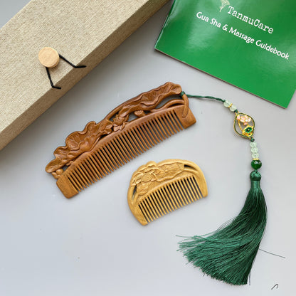 Green Sandalwood Hair Comb with Hand-Carved Lotus Pattern