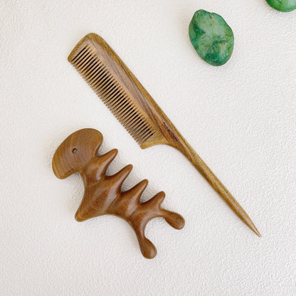 Green Sandalwood Rat -Tail Fine Tooth Wooden Pintail Styling  Comb