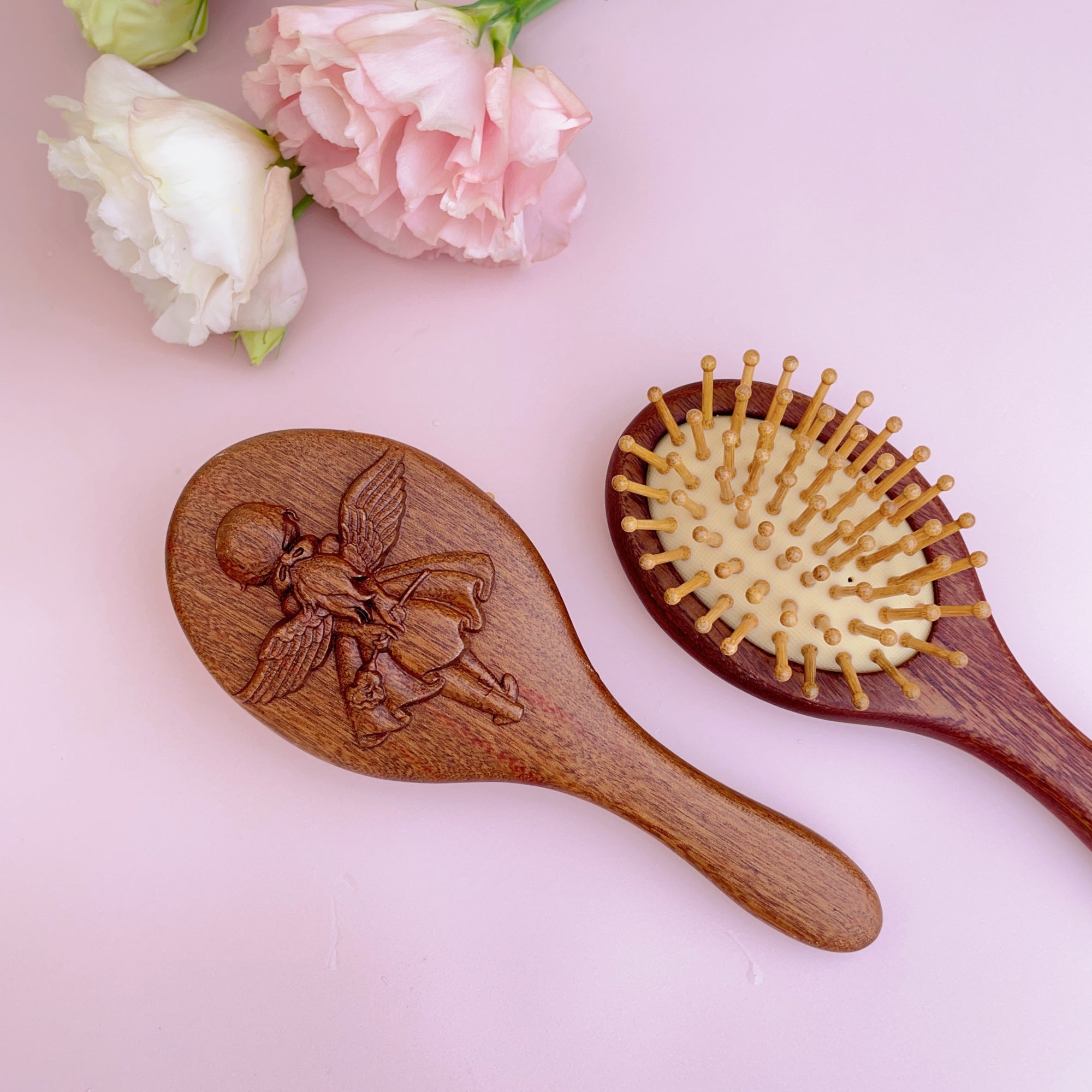 TanmuCare Hand-Carved Wooden Baby Hairbrush (With Handle) | Gentle Bamboo Bristles for Newborns & Toddlers angle girl