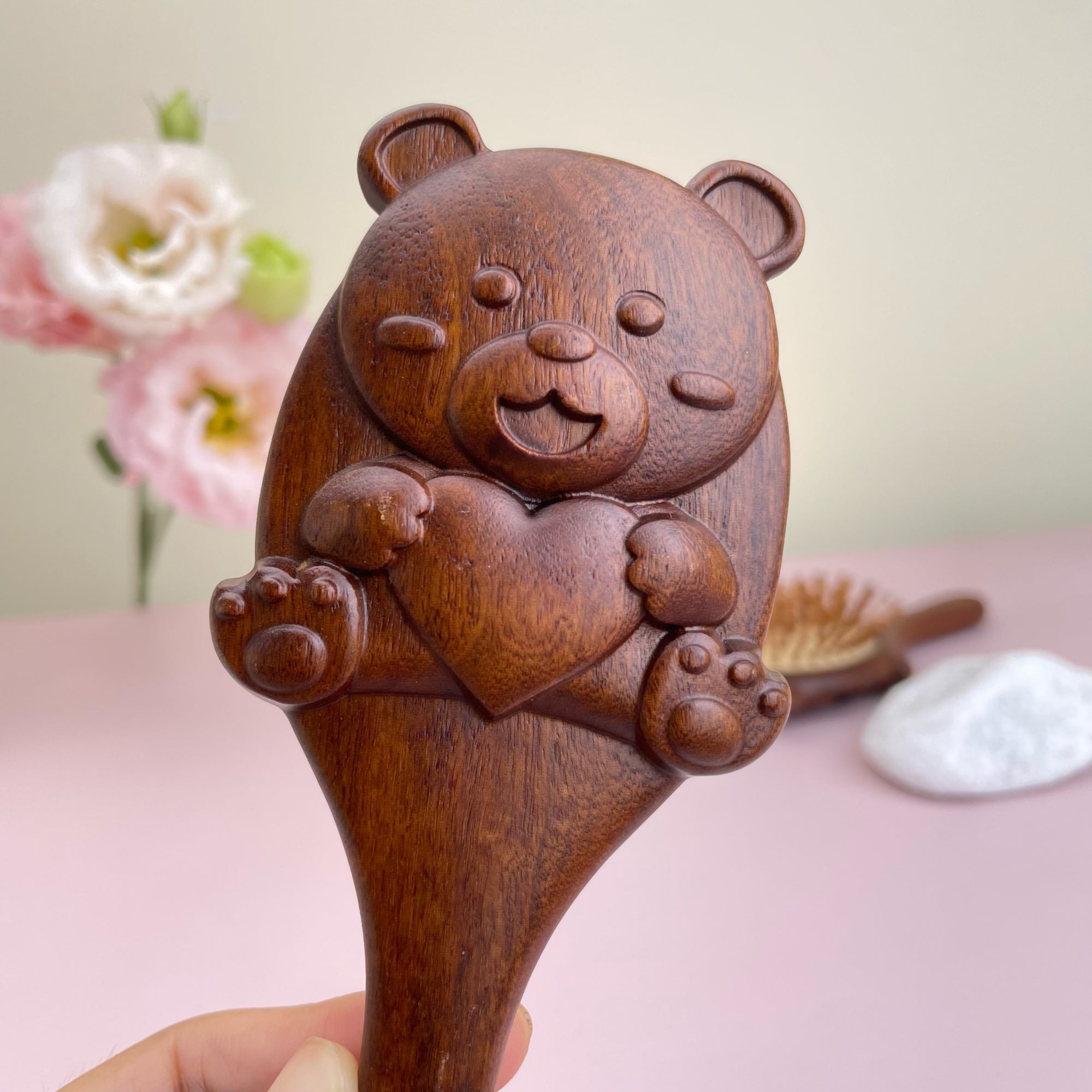 TanmuCare Hand-Carved Wooden Baby Hairbrush (With Handle) | Gentle Bamboo Bristles for Newborns & Toddlers bear 3
