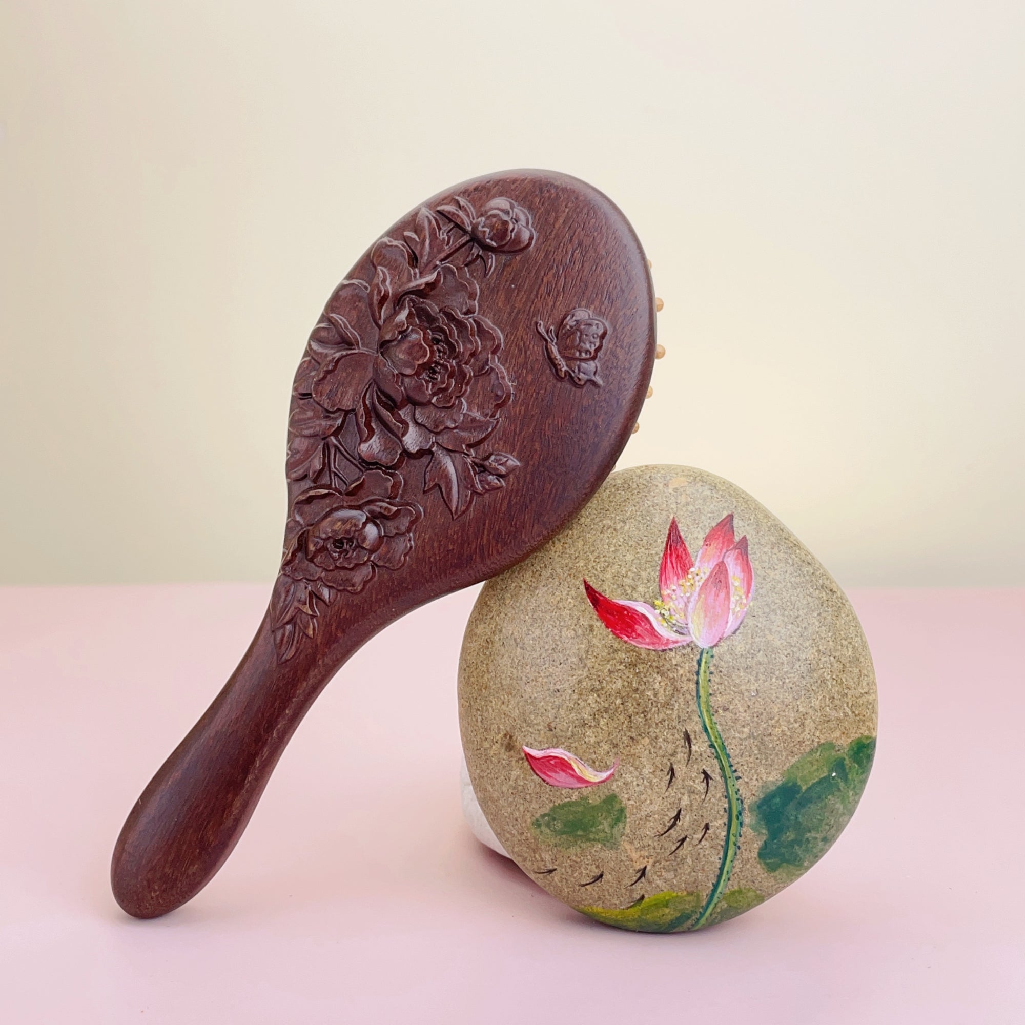 TanmuCare Hand-Carved Wooden Baby Hairbrush (With Handle) | Gentle Bamboo Bristles for Newborns & Toddlers angel girl lotus 1
