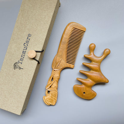 TanmuCare Hand-carved Green Sandalwood Comb- Bamboo Pattern with vintage package style almighty massage and gua sha tool set