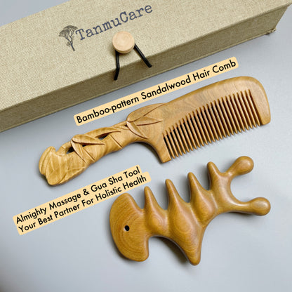 TanmuCare Hand-carved Green Sandalwood Comb- Bamboo Pattern with vintage package style almighty massage and gua sha tool set 2
