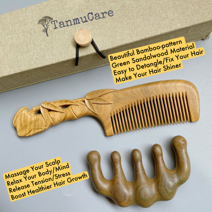 TanmuCare Hand-carved Green Sandalwood Comb- Bamboo Pattern with vintage package style sadnalwood massage comb set