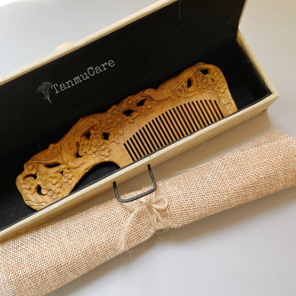 TanmuCare Hand-carved Green Sandalwood Comb -Magpie Pattern hair comb with vintage style package 2