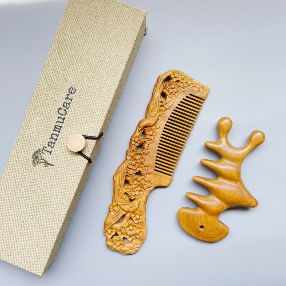 TanmuCare Hand-carved Green Sandalwood Comb -Magpie Pattern hair comb with vintage style package and almighty massage and gua sha tool set