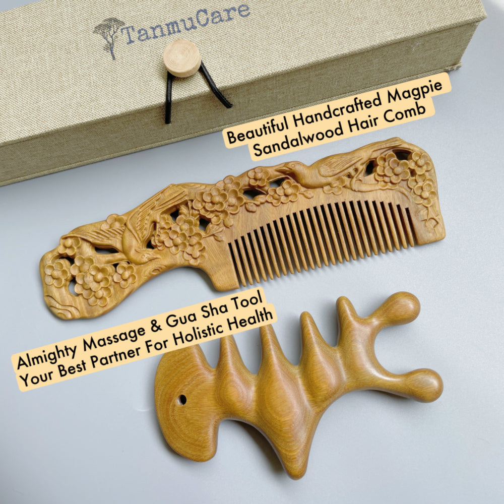 TanmuCare Hand-carved Green Sandalwood Comb -Magpie Pattern hair comb with vintage style package and almighty massage and gua sha tool set 2